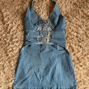 Halter Neck Buckle Detail Denim Dress Medium NWT